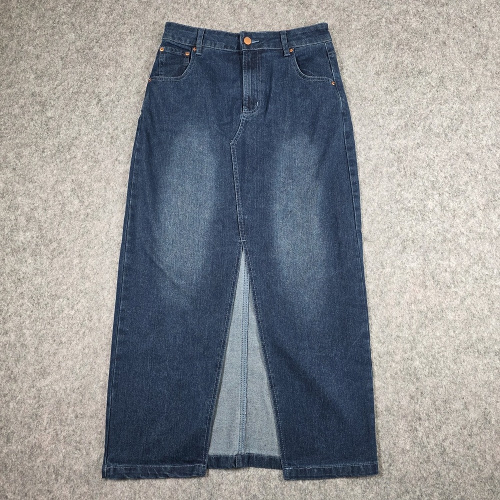 Rachel Zoe Denim Maxi Skirt Blue Jeans High Rise‎ Front Slit Straight Stretch 6